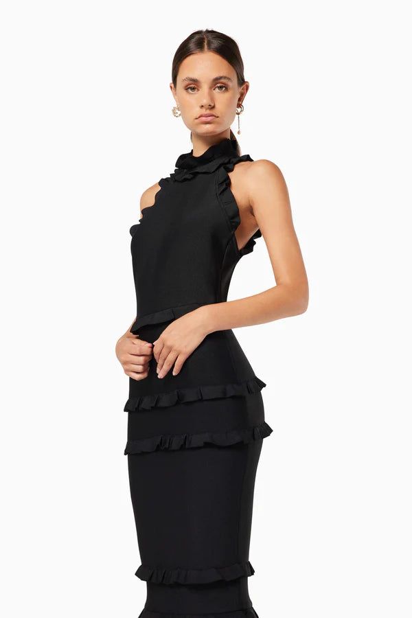 Black sleeveless ruffle gown with tiered skirt and high neckline — ELLIATT | Endless UAE