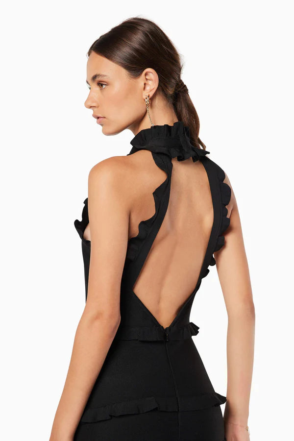 Black sleeveless ruffle gown with tiered skirt and high neckline — ELLIATT | Endless UAE