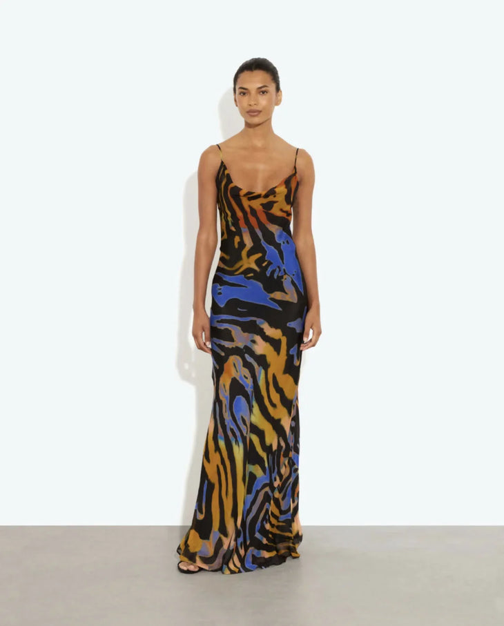 Woman wearing Fabienne Dress in multicolored tiger stripe print with spaghetti straps — Rat & Boa | Endless UAE