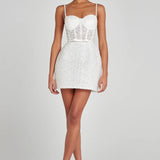 White sequin mini dress with lace corset bodice and pearl straps — Nadine Merabi | Endless UAE
