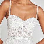Elegant white lace mini dress with beaded bodice and sweetheart neckline — Nadine Merabi | Endless UAE