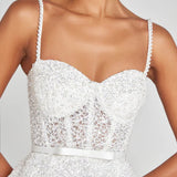 Elegant white lace mini dress with beaded bodice and sweetheart neckline — Nadine Merabi | Endless UAE