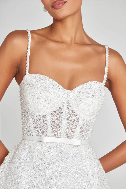Elegant white lace mini dress with beaded bodice and sweetheart neckline — Nadine Merabi | Endless UAE