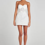 Elegant white strapless mini dress with sequin embellishments and sheer corset bodice — Nadine Merabi | Endless UAE