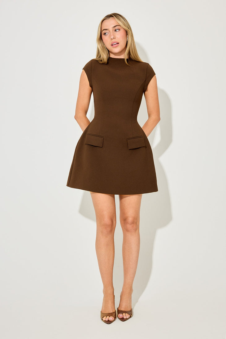 Women's brown cap sleeve mini dress with mock neck and front pockets — Odd Muse | Endless UAE