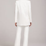 White pearl-embellished blazer and flared trousers co-ord set — Nadine Merabi | Endless UAE