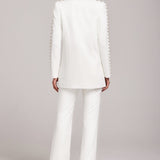 White pearl-embellished blazer and flared trousers co-ord set — Nadine Merabi | Endless UAE