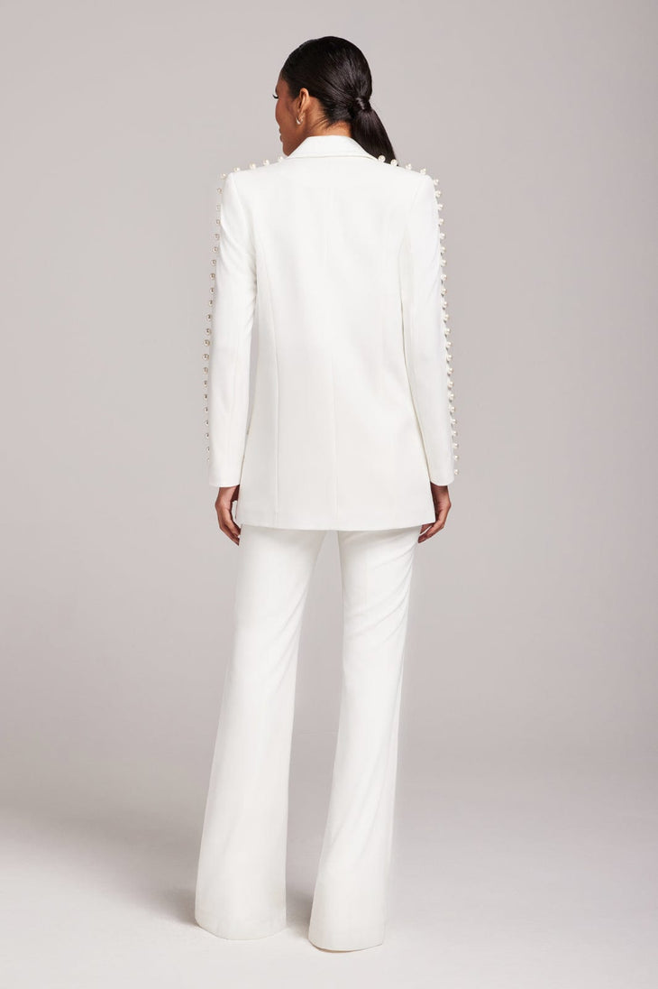 White pearl-embellished blazer and flared trousers co-ord set — Nadine Merabi | Endless UAE