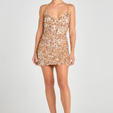 Cleo Champagne Dress with sequin embellishment and spaghetti straps — Nadine Merabi | Endless UAE