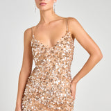 Cleo Champagne Dress with sequin embellishment and spaghetti straps — Nadine Merabi | Endless UAE