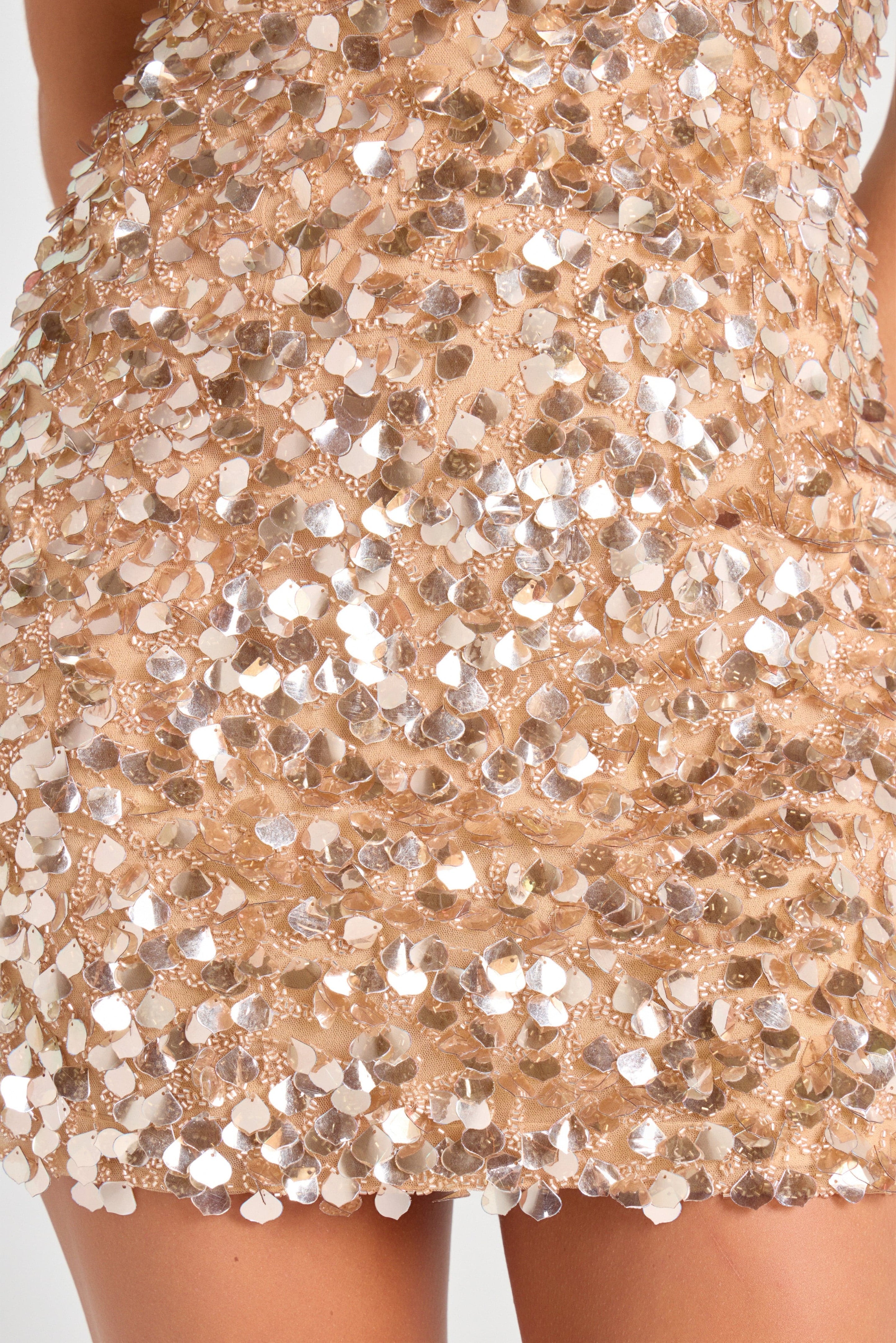 Cleo Champagne Dress with sequin embellishment and spaghetti straps — Nadine Merabi | Endless UAE