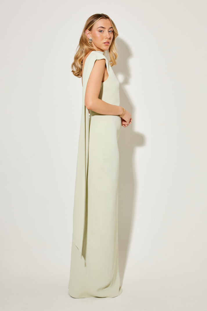 Elegant pale green drape maxi dress with cap sleeves and side tie detail, shown from back angle — Odd Muse | Endless UAE