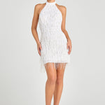 White fringed mini dress with layered tassel detailing — Nadine Merabi | Endless UAE
