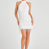 White fringed mini dress with layered tassel detailing — Nadine Merabi | Endless UAE