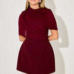 Burgundy gathered mini dress with draped cowl neckline and sleeveless design — Odd Muse | Endless UAE