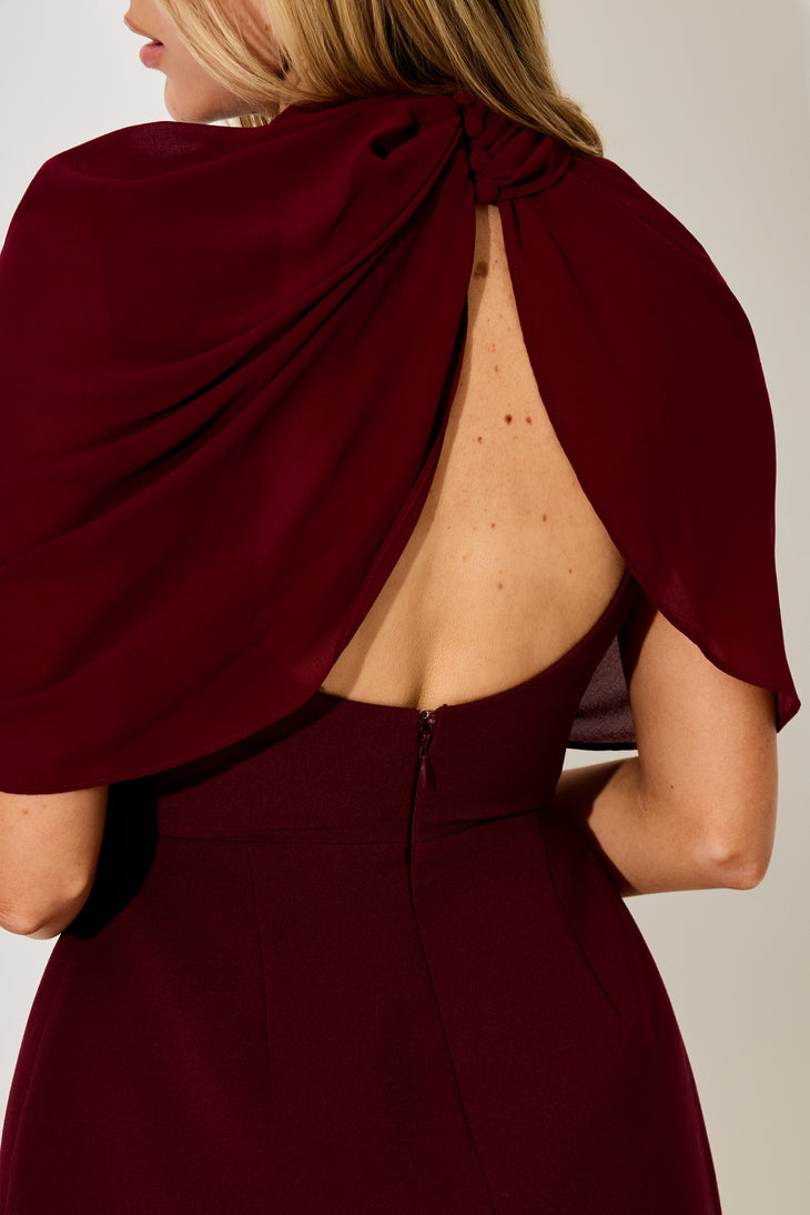 Burgundy gathered mini dress with draped cowl neckline and sleeveless design — Odd Muse | Endless UAE