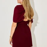 Burgundy gathered mini dress with draped cowl neckline and sleeveless design — Odd Muse | Endless UAE