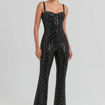 Black sequined jumpsuit with sweetheart neckline and flared legs — Nadine Merabi | Endless UAE