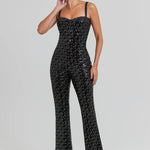 Black sequin jumpsuit with sweetheart neckline and flared legs — Nadine Merabi | Endless UAE