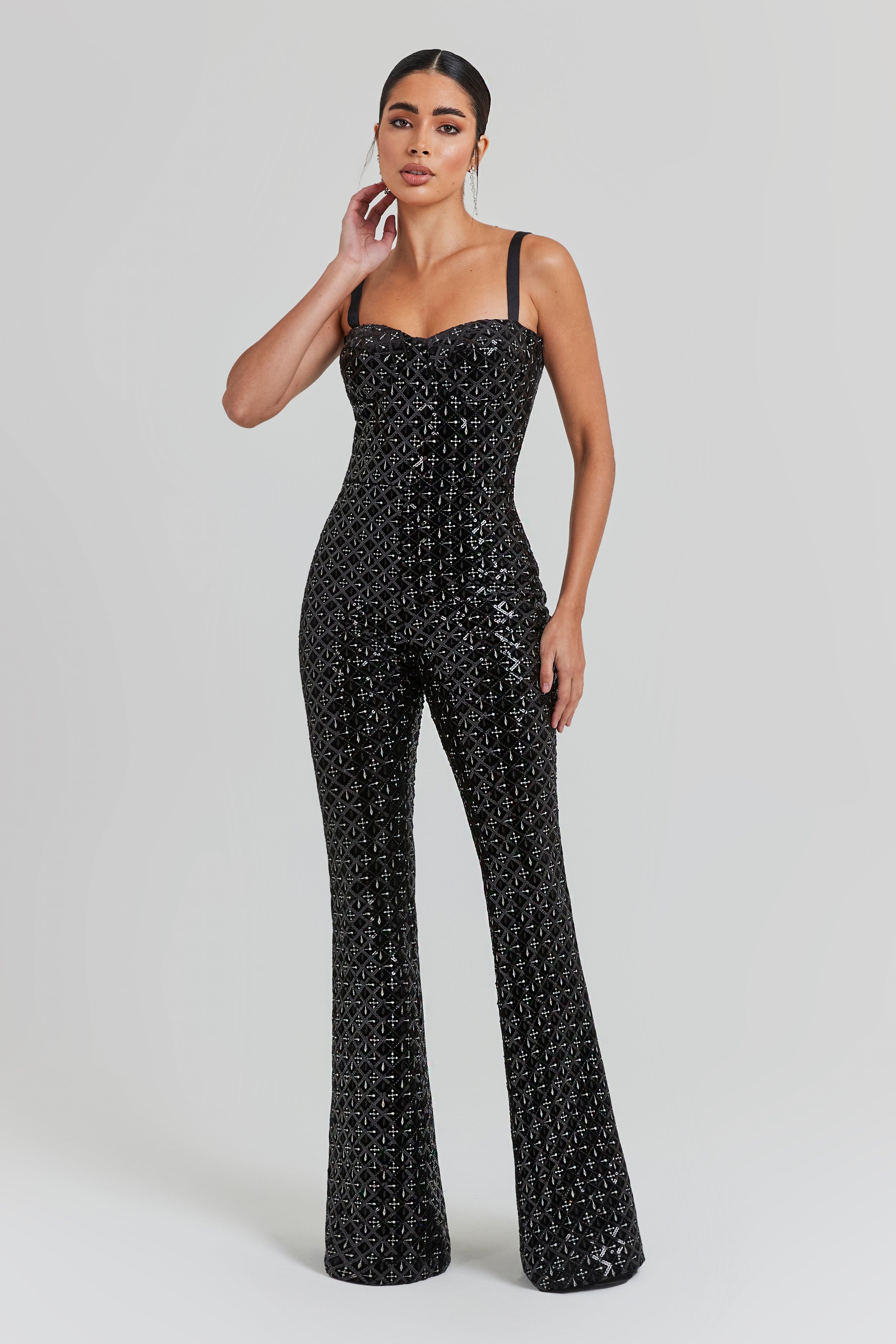 Black sequin jumpsuit with sweetheart neckline and flared legs — Nadine Merabi | Endless UAE