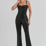 Black sequined jumpsuit with sweetheart neckline and flared legs — Nadine Merabi | Endless UAE