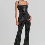 Black sequin jumpsuit with sweetheart neckline and flared legs — Nadine Merabi | Endless UAE