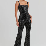 Black sequined jumpsuit with sweetheart neckline and flared legs — Nadine Merabi | Endless UAE