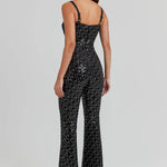 Black sequin jumpsuit with sweetheart neckline and flared legs — Nadine Merabi | Endless UAE