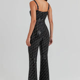 Black sequin jumpsuit with sweetheart neckline and flared legs — Nadine Merabi | Endless UAE