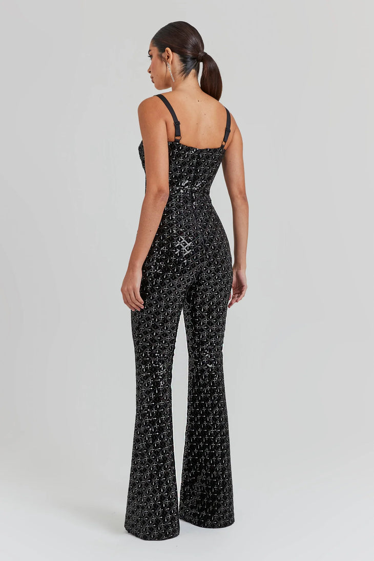 Black sequin jumpsuit with sweetheart neckline and flared legs — Nadine Merabi | Endless UAE
