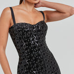 Black sequined jumpsuit with sweetheart neckline and flared legs — Nadine Merabi | Endless UAE