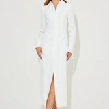 White long sleeve collar maxi dress with front slit — Odd Muse | Endless UAE