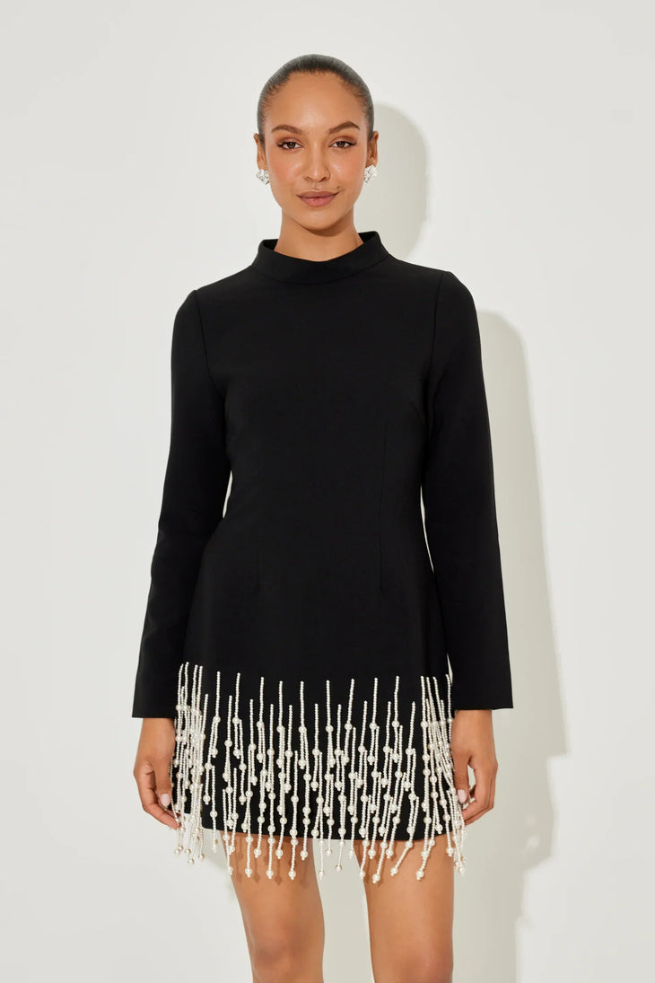 Pearl Sleeved Black Dress with White Fringe Hem — Odd Muse | Endless UAE