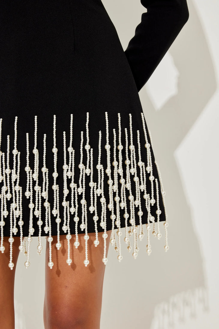 Pearl Sleeved Black Dress with White Fringe Hem — Odd Muse | Endless UAE