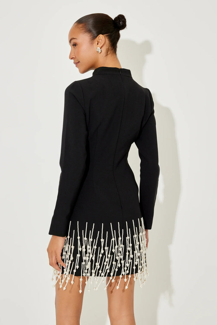 Pearl Sleeved Black Dress with White Fringe Hem — Odd Muse | Endless UAE