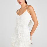 White fringed mini dress with layered tassel detailing — Nadine Merabi | Endless UAE