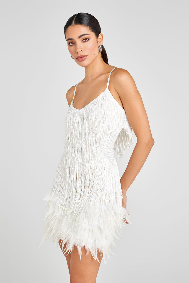 White fringed mini dress with layered tassel detailing — Nadine Merabi | Endless UAE