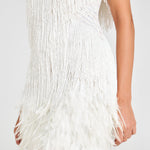 White fringed mini dress with layered tassel detailing — Nadine Merabi | Endless UAE