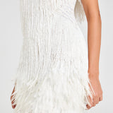White fringed mini dress with layered tassel detailing — Nadine Merabi | Endless UAE