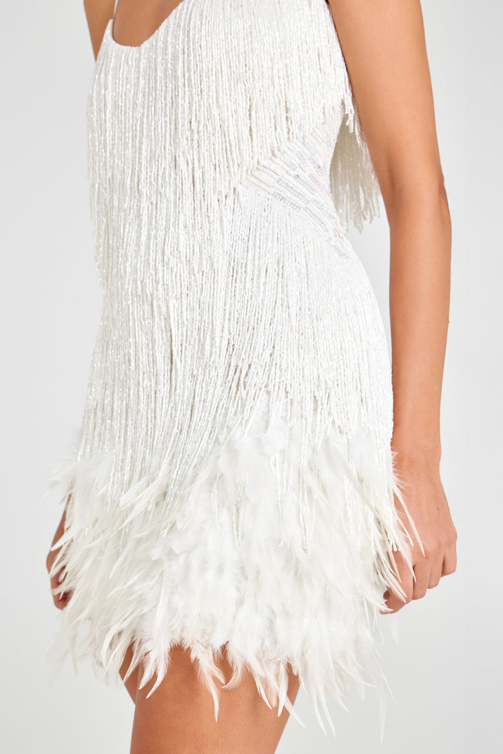 White fringed mini dress with layered tassel detailing — Nadine Merabi | Endless UAE