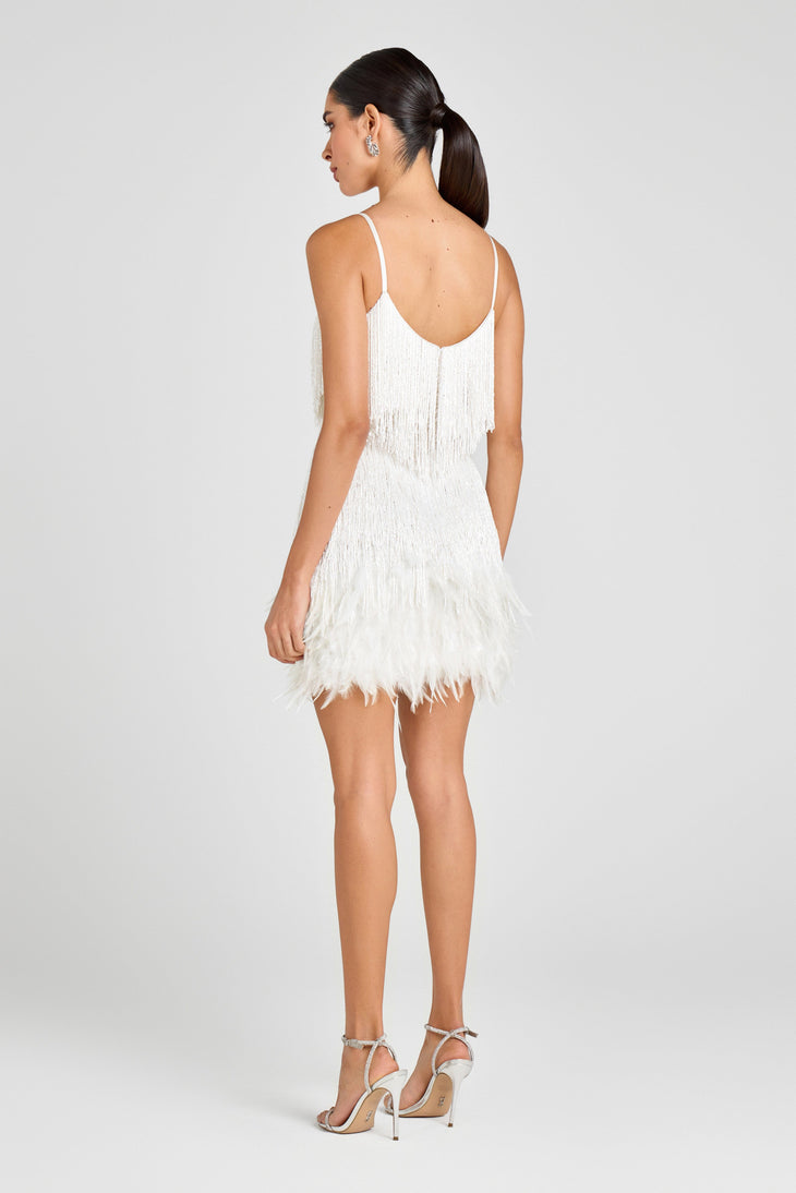 White fringed mini dress with layered tassel detailing — Nadine Merabi | Endless UAE
