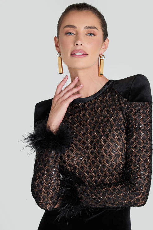 Black lace jumpsuit with feather cuff details and structured shoulders — Nadine Merabi | Endless UAE