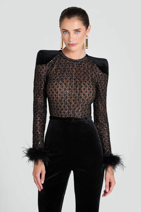 Black lace and velvet jumpsuit with feathered cuffs and structured shoulders — Nadine Merabi | Endless UAE