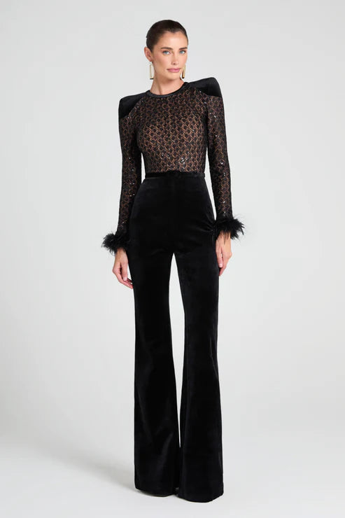 Black lace bodice jumpsuit with feather cuff details and wide-leg velvet pants — Nadine Merabi | Endless UAE