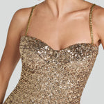 Gold sequin midi dress with sweetheart neckline and chain straps — Nadine Merabi | Endless UAE