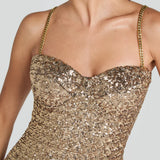 Gold sequin midi dress with sweetheart neckline and chain straps — Nadine Merabi | Endless UAE