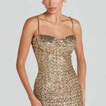 Gold sequin midi dress with sweetheart neckline and chain straps — Nadine Merabi | Endless UAE