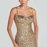 Gold sequin midi dress with sweetheart neckline and chain straps — Nadine Merabi | Endless UAE