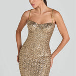 Gold sequin midi dress with sweetheart neckline and chain straps — Nadine Merabi | Endless UAE