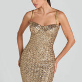 Gold sequin midi dress with sweetheart neckline and chain straps — Nadine Merabi | Endless UAE
